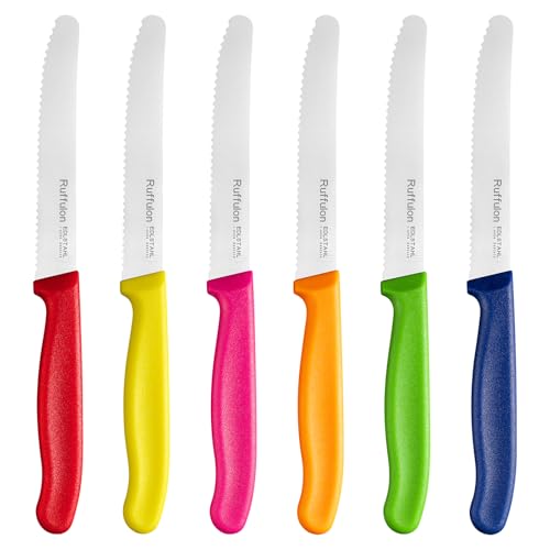Ruffulon Colourful Tomato Knife 6 Piece Set, Serrated Knives, Durable Utility Knife, Serrated Edge Kitchen Knifes, Easy Clean Vegetable Knives