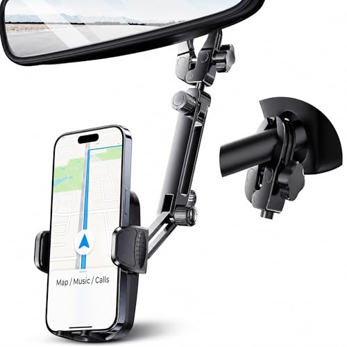 Aluminum Rear View Mirror Phone Mount for [Truck & SUV] Anti-Shake Universal Car Phone Holder with 360 Rotation Non-Blocking Driving Assistant for iPhone 17 16 15 14 13 Pro Max Samsung