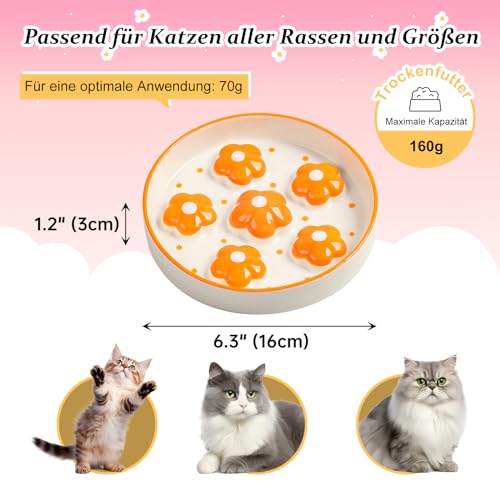 Antischlingnapf für Katzen aus Keramik - Labyrinth-Futternapf für langsames Fressen und gegen Erbrechen - Bunter Fressnapf mit Blumenmuster - 16 x 3 cm