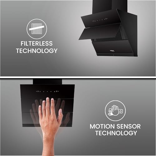 Image of Hindware Smart Appliances | Greta Neo 60 cm Chimney | 1350 CMH | Inclined Glass | Thermal Auto Clean | Filterless | Touch control, Motion sensor | 10 Yrs Warranty on Motor & 2 Yrs on Product (Black)