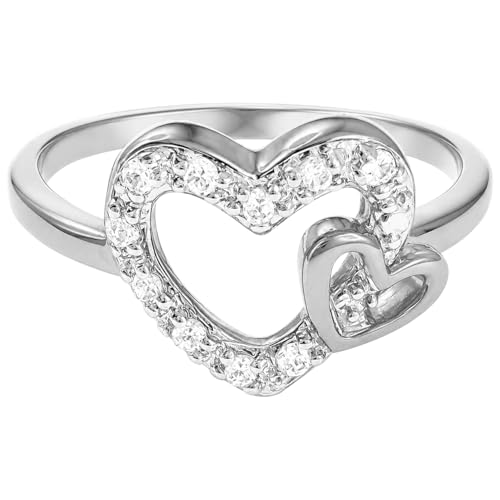 Bague Double Cœur Femme Argent 925 anneau fin avec zirconium 50-60