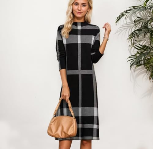 Womens Plaid Splicing Mock Neck Knit Sweater Dress Winter Long Sleeve Knee Length Tunic A-line Midi Dresses2