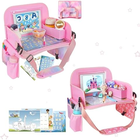Bundle–2 Items: MENZOKE Car Seat Tray with Dry Erase Board and Cooler Cup Holder, Pink & Magic Pink Cover