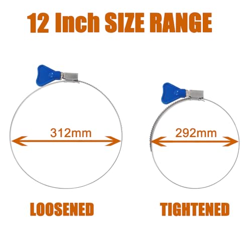 Image of ISPINNER 2pcs 12 Inch Key-Type 304 Stainless Steel Worm Gear Hose Clamps, Adjustable Size Range 292-312mm Clamps for Dryer Vent, Dust Collector