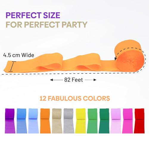 Image of 12 Rainbow Crepe Paper Streamers, 984ft Pack of Party Decorations | Each roll is 82 ft long and 1.8 Inch wide ideal for Birthday Party Decor, Graduation Parties and Baby Showers