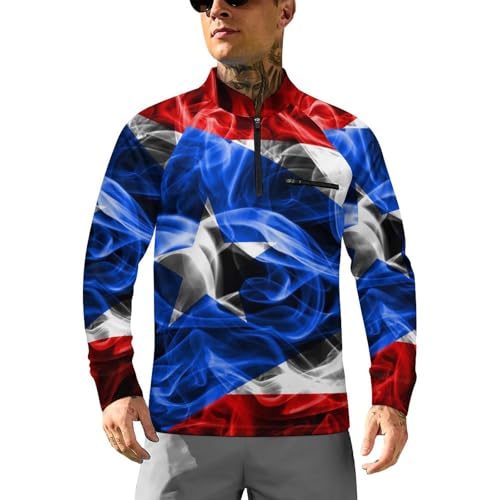 Puerto Rico Smoke Flag Men's Rash Guard Long Sleeves Quick Dry Fishing Workout Shirts with Zipper