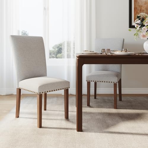 Image of Farmhouse Dining Chairs Set of 2, High Back with Wooden Legs and Nailhead Trim, Modern Fabric Dining Room Chair for Kitchen /Restaurant