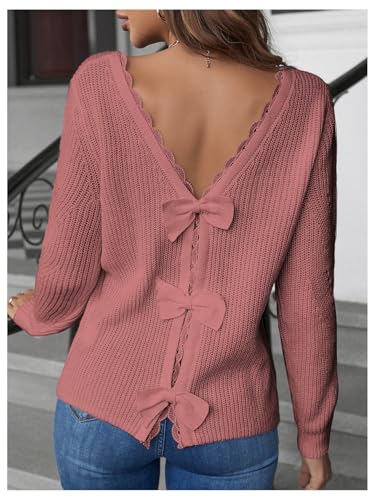 SOLY HUX Women's Sweaters Lace Bow Back Long Sleeve V Neck Pullover Casual Jumper Tops3