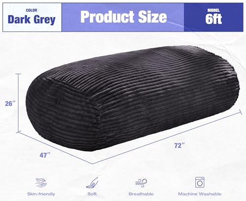 Image of Hobestluk 6FT Bean Bag Chairs Adult Bean Bag with Portable Handle Comfy Large Bean Bag Lounge Chair with Removable Cover for Living Room Bedroom (Stripe Dark Grey, 6FT)