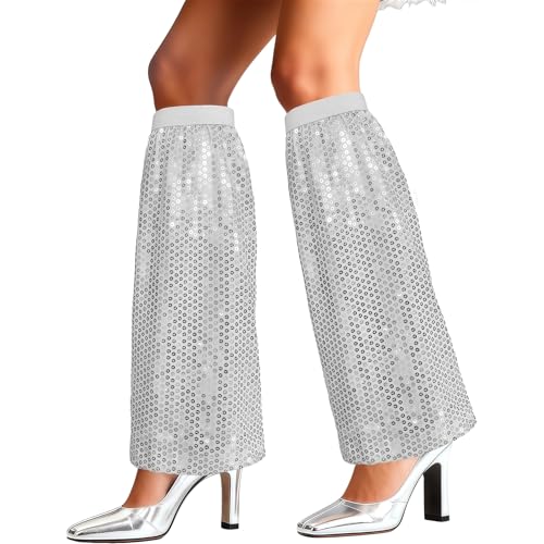 BIBITI 1Paar Abba Kostüm Damen Stulpen Silber Glitzer,Discokugel Kostüm Disco Pailletten Stiefel,Karneval Metallic Silberne Hippie Boots 70s Jahre...