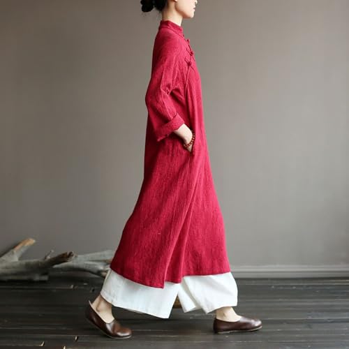 Image of LUZU JUNU Spring Women Dresses Chinese Dress Traditional Collar Vintage Cotton Linen Robe Cheongsam Dresses