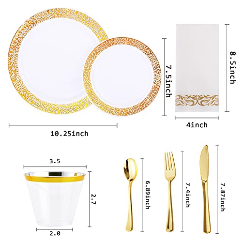 210 Pieces Gold Plastic Dinnerware, Gold Disposable Plates, Includes: 30 Dinner Plates 30 Dessert Plates & 30 Cups &30 Linen Like Gold Paper Napkins & 30 Plastic Silverware Set, Plastic Dinner Plates #TOP1