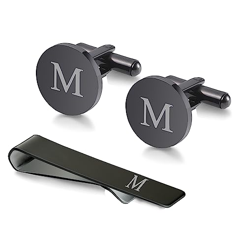 WIGERLON Initial Cufflinks and Tie Clip Set for Men,Stainless steel Letter Cuff Links and Tie Bar Set gift for Father Husband Son Boyfriend M Black