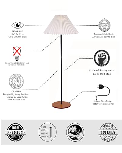 Image of Homesake Modern Floor Lamp for Living Room Traditional Farmhouse Boho Floor Lamp Mid-Century Pole Lamp, Linen Lamp Shade Side Standing Lamps | Corner Lamp Light | Hall Bedroom Office, Pleated White