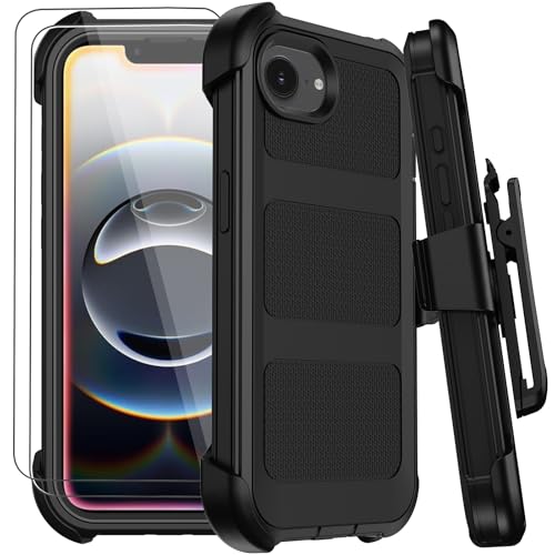 for iPhone 17e /16e Case with Belt Clip Holster Military Grade Anti-Drop Shockproof Defender Phone Cases w/2x Screen Protectors & Kickstand 2 Layers Rugged Heavy Duty Protective Bumper Cover (Black)