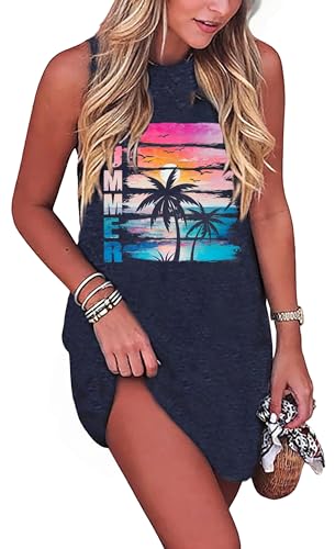 Image of Sun Salt Sand Coconut Tree Tank Mini Dress for Women Sleeveless Beach Praty Shirts Summer Vacation Short Mini Dresses