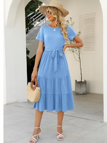Image of Lyrur Women's Dresses Casual Summer Tiered Midi Dress Short Sleeve Belted Ruffle Babydoll Boho Sundress with Pockets