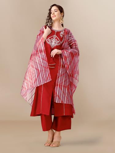 Image of EthnicJunction Women's Chinon Embroidered Straight Front Slit Kurta Palazzo & Organza Dupatta Set | Wedding | Heavy | Outfit | Suit