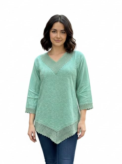 Light Green Women Rayon Top V Neck Embroidered Casual Ethnic Wear Stylish Comfortable Daily Office Party Top-picture-37