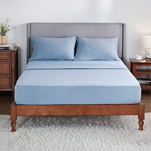 Bedsure Jersey Knit Sheets Full Set Spa Blue - 100% Cotton T Shirt Bed Sheets For Full Size Bed, 4 Pc Cotton Stretchy Sheets #TOP4