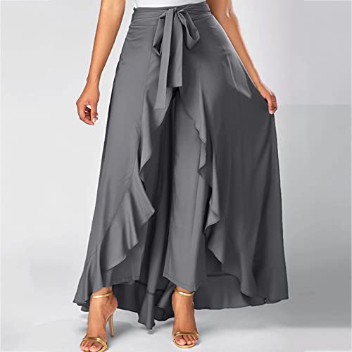 Women's Long Skirts Solid Color Elegant Bow Belt Flowy Culottes High Waist Swing Irregular Ruffles Maxi Skirt 20242