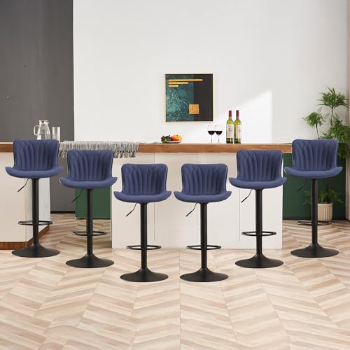 Image of Bar Stools Set of 6 Modern Kitchen Counter Chairs Barstools Navy Blue