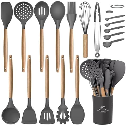 MIBOTE 17 Pcs Silicone Cooking Kitchen Utensils Set with Holder, Wooden Handles Silicone Turner Tongs Spatula Spoon Kitchen Gadgets Utensil Set for Nonstick Cookware (Grey) Cover
