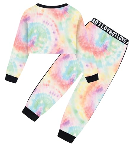 Image of Betusline Girls 2 Piece Outfits, Tie-Dye Pullover Crop Sweatshirt Tops + Sweat Jogging Pants 2 Pieces Clothes Set,Light Thread,9-10 Years = Tag 150
