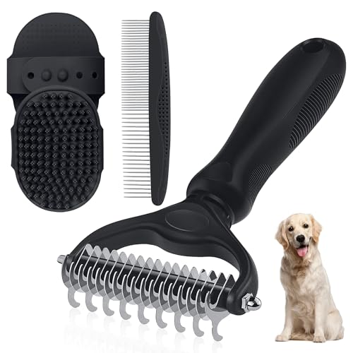 3 pezzi Spazzola per cani e gatti professionale, spazzola per cani pelo lungo e corto con rastrello sottopelo, strumento rimuovi peli animali doppia faccia extra larga, manico ergonomico antiscivolo