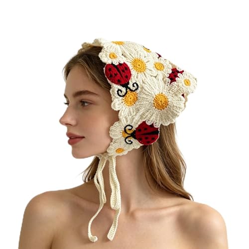 Crochet Bandana Head Kerchief Knitted Hair Scarves Cute Hair Scarf Hair Kerchief Headwrap Knitted Headband for Women Girls (ladybug)