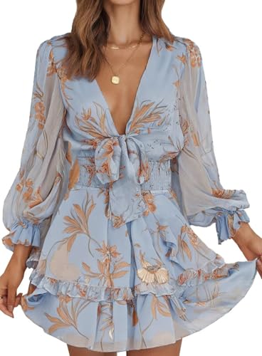 Image of Dokotoo Womens Casual Spring Fall 2025 Deep V Neck Knotted Tiered Chiffon Elegant Mini Short Swing Skater Dresses