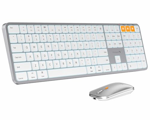 ProtoArc Backlit Bluetooth Keyboard and Mouse for Mac, KM100-A Multi-Device Wireless Keyboard Mouse for Mac, Full Size Rechargeable for MacBook Pro/Air, iPhone, iPad, White Silver