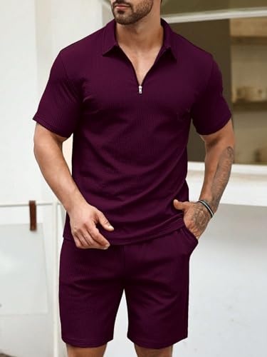 Image of Vogaan Men's Premium Cotton Blend Pyjama Set | Stylish Solid Polo Tshirt and Shorts | Casual Night Suit Wear Set for Man | Summer Co-ords Set with Shorts | Comfortable Nightwear & Loungewear
