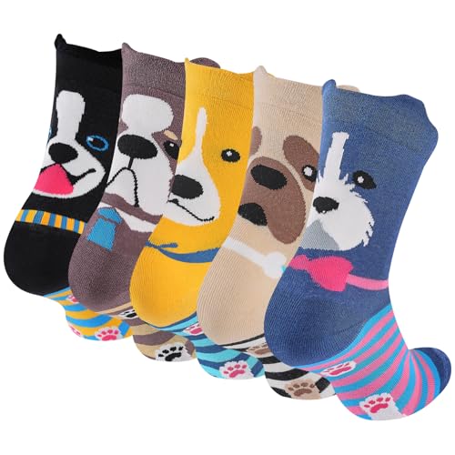 Niorasen Bunte Lustige Socken Damen aus Baumwolle 5 Paar, Neuheit Weihnachtssocken Katzensocken Motivsocken, Witzige Coole Süße Karikatur Tier Motiv Socken Geschenk für Frauen, Hund
