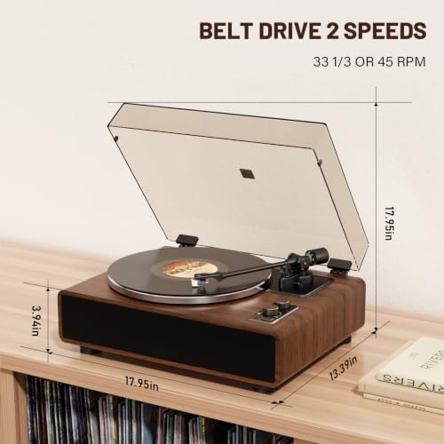 Image of Hi-Fi Belt-Drive Vinyl Record Player with Built-in Speakers & Phono Preamp | Turntable with Magnetic Cartridge,Wireless Playback and Aux-in Functionality, Auto Off