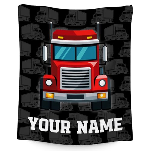 Personalized Truck Blanket, Cozy Soft Throw Gifts for Kids, Cute Black Flannel Throw Blankets for Bed Couch, 60x80 Inches