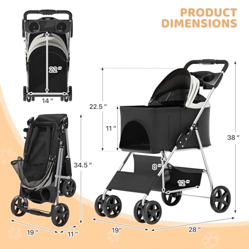 Image of Magshion 3-in-1 Foldable Pet Stroller for Small to Medium Dogs and Cats | Dog Travel Jogger with Detachable Carrier, Cup Holder & Storage Basket, For Small /Medium Dogs & Cats Up to 33 lbs