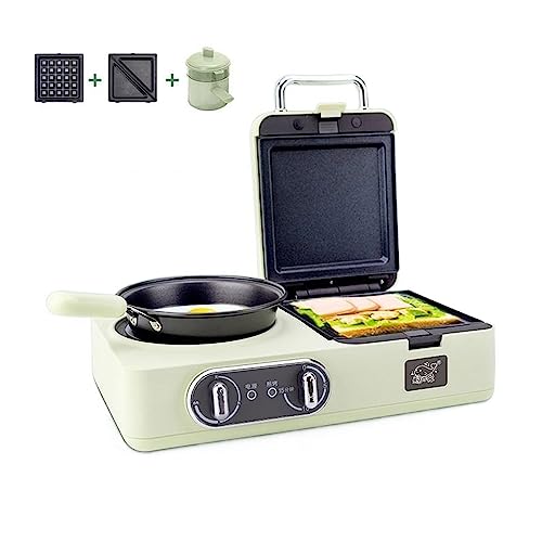 Breakfast Maker Multifunctional 3-in-1 Breakfast Maker Station, Sandwich Maker, Waffle Maker, Easy Frying, Roasting, Grilling, Boiling, Steaming for Eggs,Noodles,Sandwiches,Steak,Pancakes, with 2 Deta