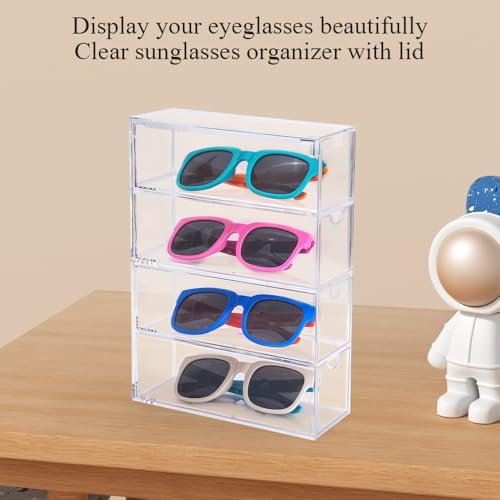 Image of 2PC Acrylic Sunglass Organizer with 2PC Glasses Cleaning Cloth, Clear Glasses Holder, Eyeglass Eyewear Display Case 4 Drawer Tray for Women Men Glasses Jewelry Watch Make-up Storage