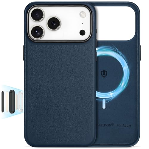 Image of SHIELDON Genuine Leather Case for iPhone 17 Pro Max 6.9 inch 2025, Navy Blue | Compatible with MagSafe, Magnetic Wireless Charging, Camera Button, Metal Buttons, Camera Bezel, Slim, Shockproof, Women Men