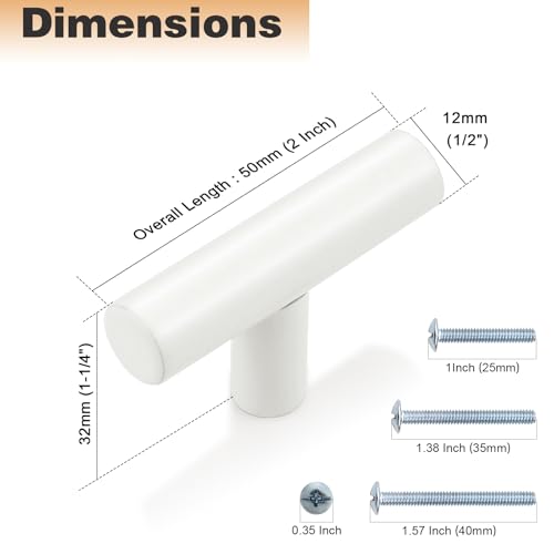 Image of Probrico 25 Pack| White Cabinet Knobs 2 inch Overall Length Single Hole Kitchen Bathroom Cabinet Handles Euro T Bar Knobs Modern Cabinet Hardware Cupboard Drawer Closet Handle Pulls
