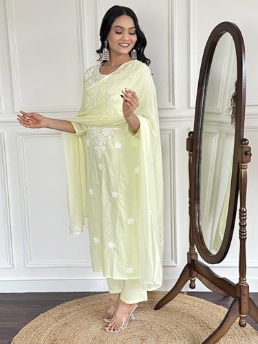 Image of Naixa Women's Cotton Embroidered Straight Kurta with Pant and Dupatta Sets (Available in Plus Size) (NX-572)