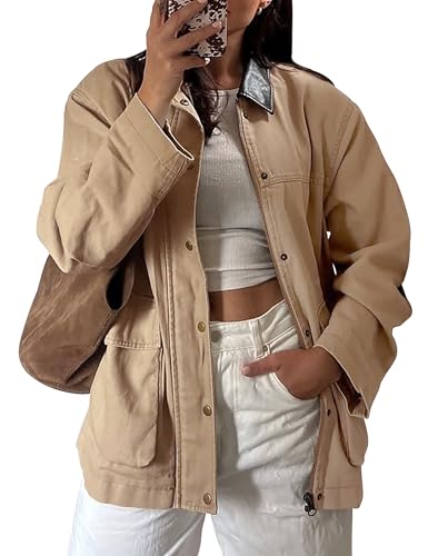 GALMINT Barn Jackets for Women Contrast Collar Utility Jacket Zip Up Drawstring Waist Barn Coat 2025 with Pockets