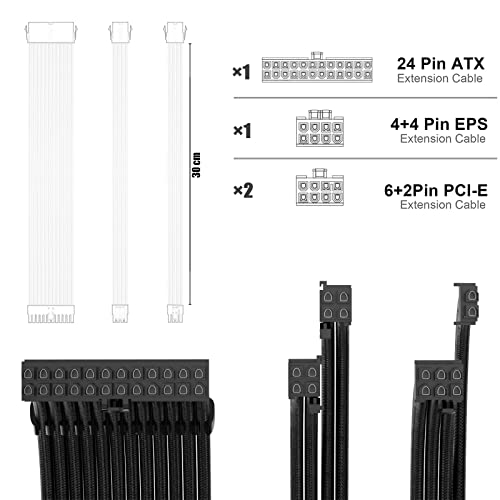ABNO1 PSU Cable Extension Kit with Two Sets of Cable Combs 1x24Pin/1x8Pin(4+4) EPS/2x8Pin(6P+2P) PCI-E/ 30CM Length,PC Sleeved Cable for ATX Power Supply(Black)