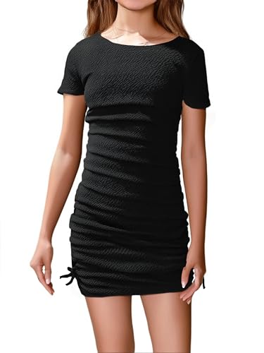 OYOANGLE Girl's Drawstring Side Short Sleeve Dress Textured Ruched Pencil Short Dresses