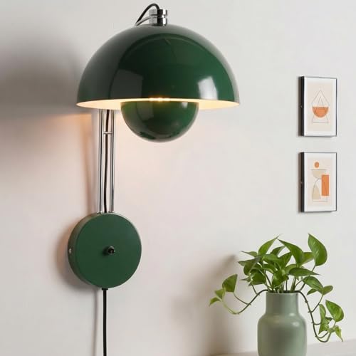 Image of Mid-Century Modern Bud Plug in Wall Sconces for Bedroom, Hunter Green | Indirect lighting reading wall lamp, all-metal construction, plug-in or hardwired install, fits bedroom bedside, living room