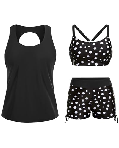 Yonique 3 Piece Womens Tankini Swimsuits with Shorts Athletic Bathing Suits Tank Tops with Bra and Boyshorts