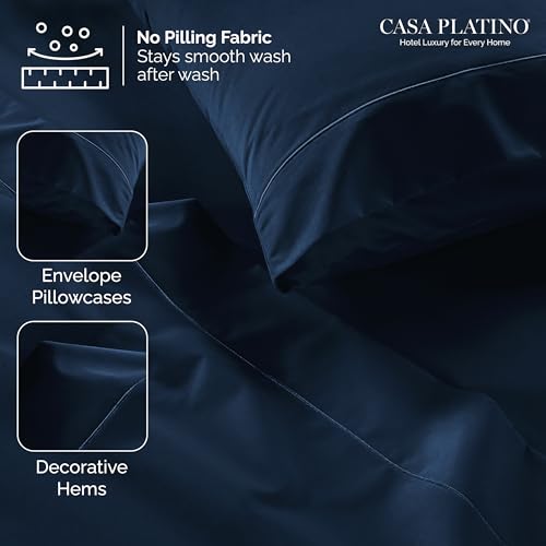 Casa Platino 100% Egyptian Cotton Sheets California King Size Set - 6 Pcs (1 Flat, 1 Fitted, 4 Pillowcases)- Ultra Smooth Sateen Weave Bed Sheets with 15" Deep Pockets - Navy Blue