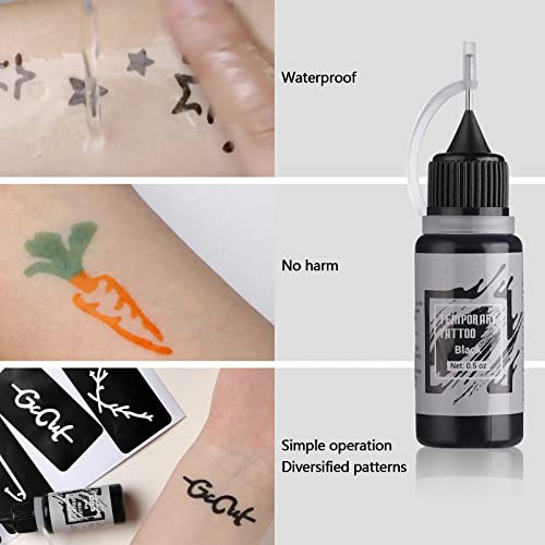 STIGMA Temporary Tattoo Kit 10 Bottles Color Inks, 84 Pcs Stencils Kit for Body Paint DIY Tattoos Temp, 8 Colors DIY Fake Tattoo for Women Kids