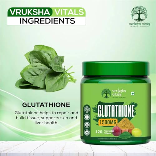 Vruksha Vitals Glutathione Tablets for Skin Whitening 1500 mg - 120 Capsules with Veg Collagen, Biotin, Vitamin E, Vit C, Vit B6 & Curcumin, Milk Thistle, Amla, Grapeseed Extracts - Plant based Supplement